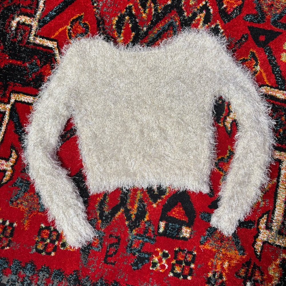 Cream White Fuzzy Furry Fluffy Shaggy Cropped Sweater